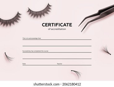 Diploma eyelash extensions. Makeup certificate template. Beauty school or refresher courses for beautician. Vector illustration