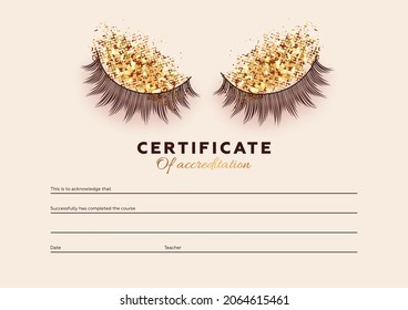 Diploma eyelash extensions. Makeup certificate template. Beauty school or refresher courses for beautician. Vector illustration