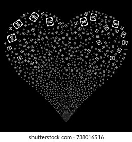 Diploma fireworks with heart shape. Vector illustration style is flat white iconic symbols on a black background. Object salute made from scattered pictographs.