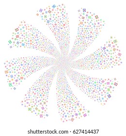 Diploma fireworks swirl rotation. Vector illustration style is flat bright multicolored iconic symbols on a white background. Object spiral combined from random pictographs.