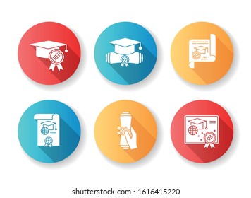 Diploma flat design long shadow glyph icons set. School certificate. Graduation confirmation. Academic document. Qualification. Degree. Education. Notary services. Silhouette RGB color illustration