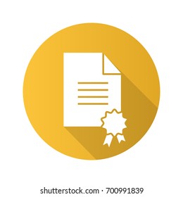 Diploma flat design long shadow glyph icon. School certificate. Paper with sealing wax and tie. Vector silhouette illustration