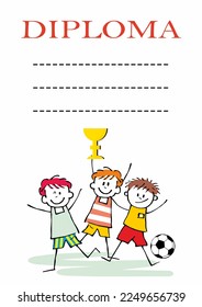Diploma for footballers team, vector illustration. Three boys with soccer ball. 