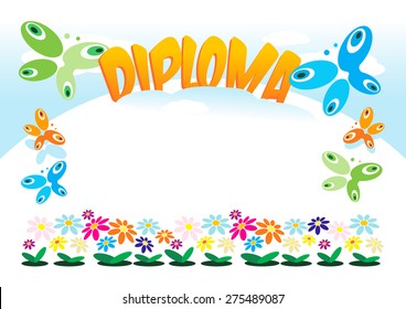 Diploma or frame for kids, girls, boys, women, grandmothers with a motif of flowers and butterflies for the awards, acknowledgments and rewards that can be used as a label, business card, album cover.