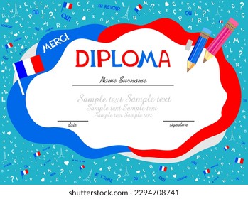 Diploma french. A french background with a large frame for your message. Preschool Diploma certificate background design template, Diploma template for kindergarten students. Vector illustration