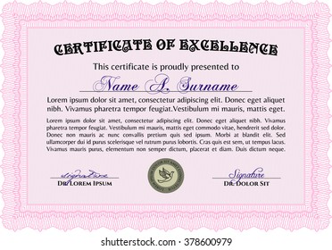 Diploma. Good design. With background. Border, frame. Pink color.