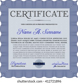 Diploma. Buen diseño. Con fondo. Borde, marco. Color azul.