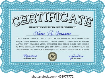 Diploma. Good design. With background. Border, frame. Light blue color.