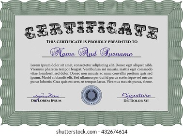 Diploma. Good design. With background. Border, frame. Green color.