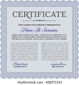 Diploma. Buen diseño. Borde, marco. Con fondo. Color azul.