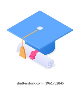 Diploma with graduate cap. Elements for degree ceremony and educational programs design. Isometric vector illustration. Isolated on white background
