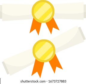 Diploma. Graduate degree with gold medal and red ribbon. Training and education. Paper roll. Cartoon flat illustration. Element of school, College, and higher education