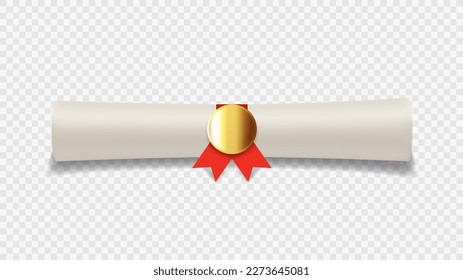 Diploma or graduation scroll with red ribbon. Vector illustration of graduation degree scroll with golden medal isolated on checkered background. Realistic element for decoration poster, banner.