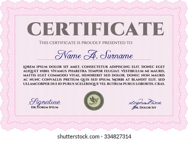 Diploma. With guilloche pattern and background. Border, frame.Cordial design. 