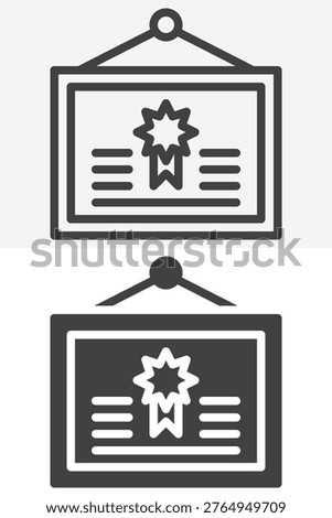 Diploma hanging icon set in line and solid styles. Outline and filled icon certificate scroll. Editable stroke vector sign, symbol for education award icon.