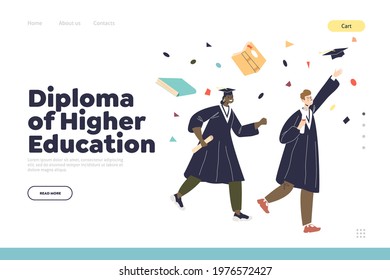 Diploma of higher education concept of landing page with happy diverse students couple celebrate graduation throwing grad caps up. Cheerful alumnus man and woman. Cartoon flat vector illustration