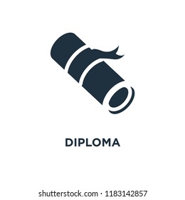 Diploma icon. Black filled vector illustration. Diploma symbol on white background. Can be used in web and mobile.