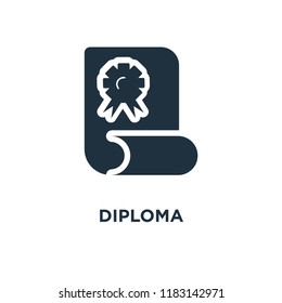 Diploma icon. Black filled vector illustration. Diploma symbol on white background. Can be used in web and mobile.