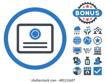 Diploma icon with bonus design elements. Vector illustration style is flat iconic bicolor symbols, smooth blue colors, white background.