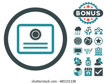 Diploma icon with bonus design elements. Vector illustration style is flat iconic bicolor symbols, soft blue colors, white background.