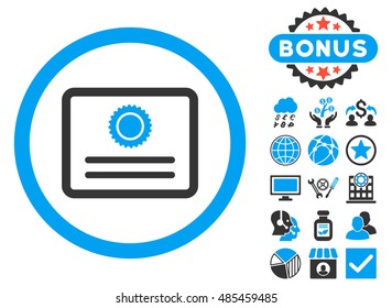 Diploma icon with bonus images. Vector illustration style is flat iconic bicolor symbols, blue and gray colors, white background.