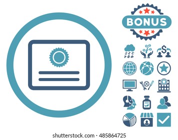 Diploma icon with bonus pictogram. Vector illustration style is flat iconic bicolor symbols, cyan and blue colors, white background.