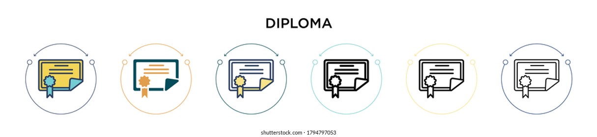 Diploma icon in filled, thin line, outline and stroke style. Vector illustration of two colored and black diploma vector icons designs can be used for mobile, ui, web