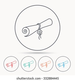 Diploma icon. Graduation document sign. Scroll symbol. Linear circle icons.