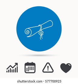 Diploma icon. Graduation document sign. Scroll symbol. Calendar, attention sign and growth chart. Button with web icon. Vector