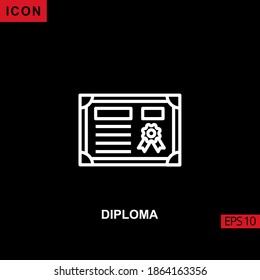 diploma icon with paper and stamp outline, line, lineal or linear on black background. Illustration for graphic, print media interfaces and web design.