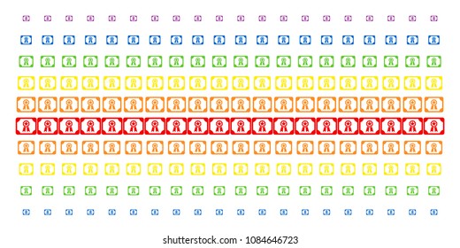 Diploma icon rainbow colored halftone pattern. Vector symbols organized into halftone matrix with vertical spectrum gradient. Designed for backgrounds, covers, templates and abstract concepts.