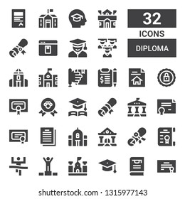 diploma icon set. Collection of 32 filled diploma icons included Diploma, Thesis, Graduation hat, School, Winner, Degree, College, Contract, Certificate, University, Graduation