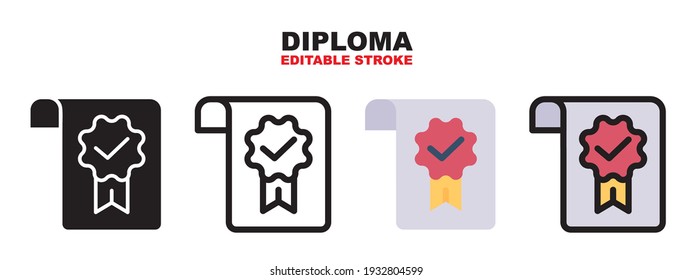 Diploma icon set with different styles. Colored vector icons designed in filled, outline, flat, glyph and line colored. Editable stroke and pixel perfect. Can be used for web, mobile, ui and more.