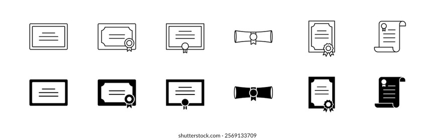 Diploma icon set. Graduation certificate. Outline and glyph diploma roll vector