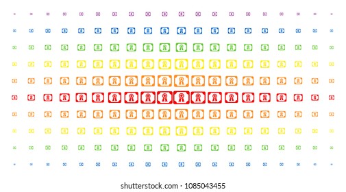 Diploma icon spectral halftone pattern. Vector diploma symbols are arranged into halftone array with vertical spectral gradient. Constructed for backgrounds, covers,