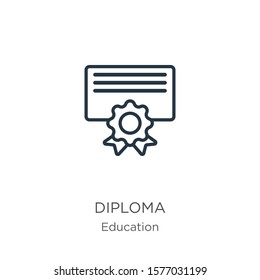 Diploma icon. Thin linear diploma outline icon isolated on white background from education collection. Line vector sign, symbol for web and mobile