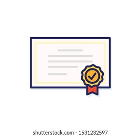 Diploma icon. Vector quality certificate with seal. Flat filled outline illustration design