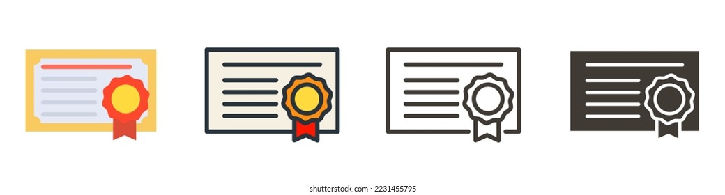 Diploma icon. Vector quality certificate with seal. Thin line illustration design. 3 different styles
