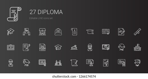 diploma icons set. Collection of diploma with contract, certificate, parchment, agreement, student, school, mortarboard, graduate, degree. Editable and scalable diploma icons.