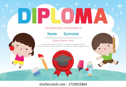 Diploma kids Certificates kindergarten and elementary, Preschool Kids Diploma certificate background design template for kindergarten students, Certificate of children diploma, vector illustration