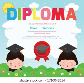 Diploma kids Certificates kindergarten and elementary, Preschool Kids Diploma certificate background design template for kindergarten students, Certificate of children diploma, vector illustration