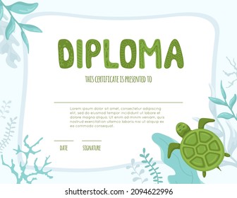 Diploma for kids with cute turtle. Certificate template for school, preschool, kindergarten, primary grades with sea animal, seaweed, corral reefs. Vector cartoon illustration, colorful background.