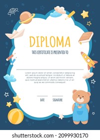 Diploma for kids with space, cute teddy bear and his toys. School, preschool certificate template with rocket, stars, paper boat, book, planet, pencil. Vector cartoon illustration, colorful background