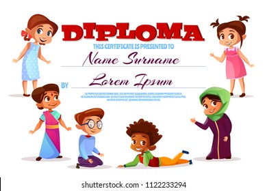 Diploma or kindergarten certificate vector illustration. Cartoon design of smiling happy children, Afro American boys and Muslim girls in hijab and khaliji or Indian kids in sari