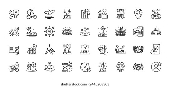 Paquete de iconos de línea de diploma, liderazgo y temporizador. AI, Pregunta y respuesta, Iconos de pin de mapa. Recompensa, Bicicleta Cardio, Icono de Web de Quiz. Fitness, Winner, Success pictogram. Estadio Arena, Yoga, Pesca en barco. Vector