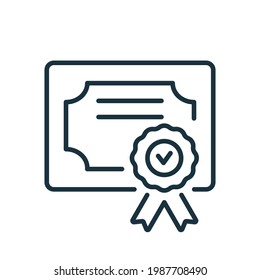 Diploma Line Icon. Certificate with License Badge Linear Icon in flat style. Winner Medal Outline Pictogram. Award, Grant, Diploma. Editable stroke. Vector illustration.