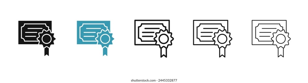 Conjunto de iconos de línea de diploma para Diseños de IU. Icono oficial del Vector de la licencia. Certificado de Grado con Pictograma Rosette para Diseños de UI. Signo de beca escolar.