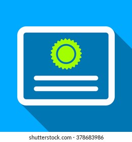 Diploma long shadow vector icon. Style is a flat light symbol with rounded angles on a blue square background.