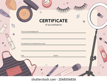 Diploma makeup artist. Makeup certificate template. Beauty school or refresher courses for beautician. Vector illustration svg