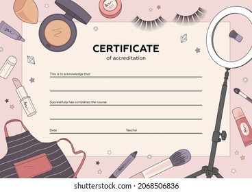 Diploma Makeup Artist. Makeup Certificate Template. Beauty School Or Refresher Courses For Beautician. Vector Illustration